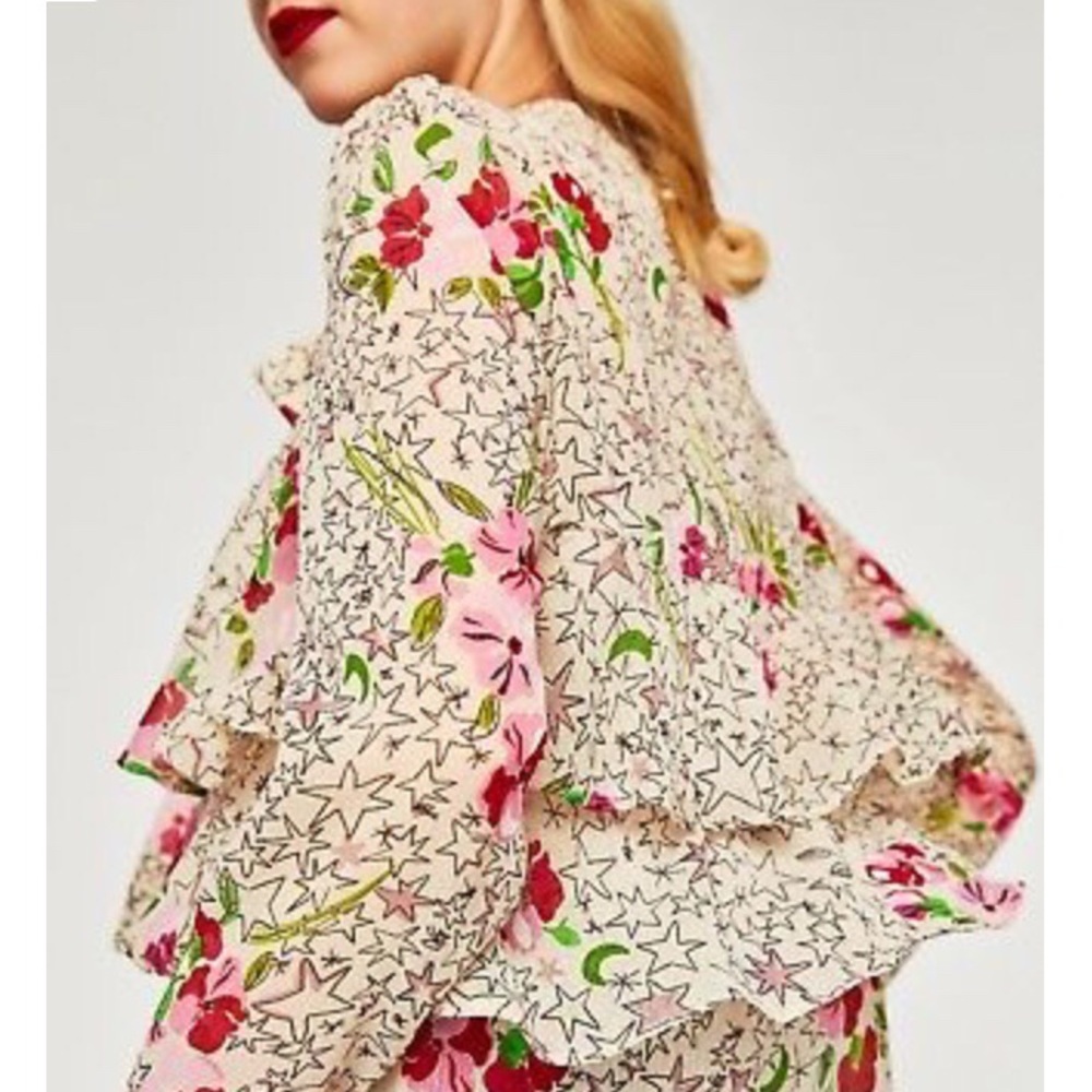 Zara Ruffled Star Floral Tie-Neck L/S Blouse M - Picture 3 of 8